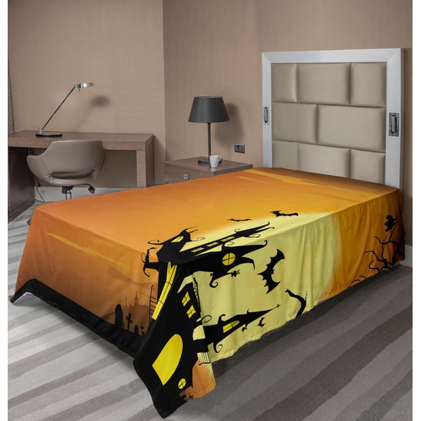 Abakuhaus Lenzuolo Di Halloween, Casa Stregata Gotica Pipistrelli Scena Notturna Spettrale Western Con Disegno Di Zucca, Lenzuolo Morbido E Confortevole Per Un Letto Decorativo 1 Pezzo 260 Cm X 168 Cm, Arancione Nero-image
