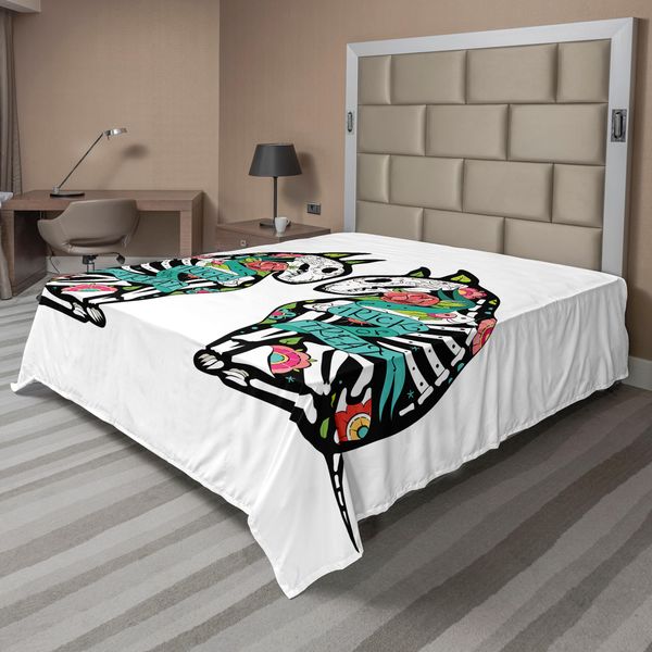 Abakuhaus Lenzuolo Di Halloween, "Scheletro Demone Figure Fiori E"" ""Dolcetto O Scherzetto"" ""Citazione Etnica Vacanze Design"", Morbido E Confortevole Lenzuolo Superiore Per Un Letto Decorativo 1 Pezzo 244 Cm X 205 Cm, Multicolore"-image