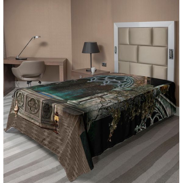 Abakuhaus Lenzuolo Gotico, Terrazza Mistica Con Edera Incantata Su Sfondo Antico Verso La Foresta Magica, Lenzuolo Morbido E Confortevole Per Un Letto Decorativo 1 Pezzo 260 Cm X 168 Cm, Grigio Verde Acqua-image