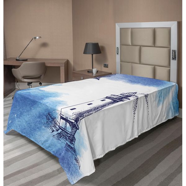 Abakuhaus Lenzuolo Con Motivo Faro, Acquerelli Nostalgici Con Gull Ancient Anchor Motivo Faro Marino, Lenzuolo Morbido E Confortevole Per Un Letto Decorativo 1 Pezzo 190 Cm X 100 Cm, Blu E Bianco-image