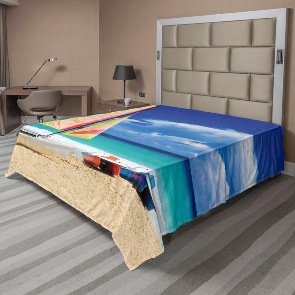 Abakuhaus Lenzuolo Da Letto, Spiaggia Cubana Esotica Con Barca A Vela E Onde, Immagine Tropicale Estiva Della Costa, Lenzuolo Morbido E Confortevole Per Un Letto Decorativo, 1 Pezzo, 266 Cm X 260 Cm, Blu Crema-image