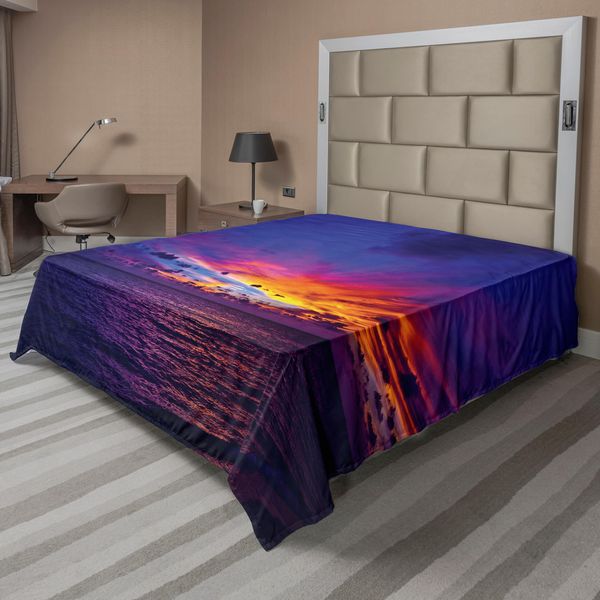 Abakuhaus Lenzuolo Ocean, Tramonto Da Sogno Sull'oceano Aurora Boreale Oltre L'atmosfera Del Pacifico Foto, Lenzuolo Morbido E Confortevole Per Un Letto Decorativo 1 Pezzo 244 Cm X 205 Cm, Viola Blu-image