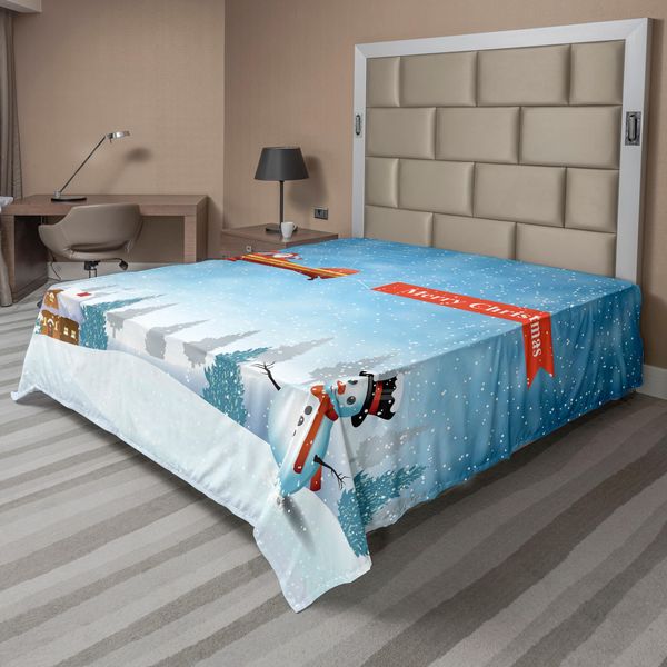Abakuhaus Lenzuolo Natalizio, Bosco Di Pupazzi Di Neve Buon Natale Aereo, Lenzuolo Morbido E Confortevole Per Un Letto Decorativo 1 Pezzo 260 Cm X 228 Cm, Arancione Blu-image
