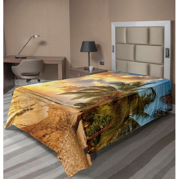 Abakuhaus Lenzuolo Da Letto, Spiaggia Tropicale Sabbiosa Con Orizzonte Al Tramonto E Foto Estiva Con Palme Da Cocco, Morbido E Confortevole Lenzuolo Superiore Per Un Letto Decorativo 1 Pezzo 260 Cm X 168 Cm, Crema Blu-image