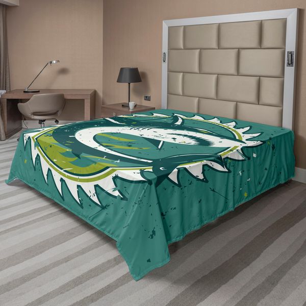 Abakuhaus Lenzuolo Hai, Grafica Di Shark Hunter In Colori Scuri E Cupi Sharp Teeth Pesci Vita Marina Stampa Nautica, Lenzuolo Superiore Morbido E Confortevole Per Un Letto Decorativo 1 Pezzo 266 Cm X 260 Cm, Verde-image