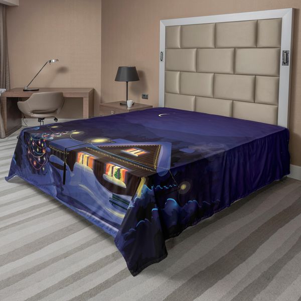 Abakuhaus Lenzuolo Natalizio, Paesaggio Invernale Con Casa E Albero Disegnati Di Notte Arte Concettuale A Tema Familiare, Lenzuolo Morbido E Confortevole Per Un Letto Decorativo 1 Pezzo 266 Cm X 260 Cm, Blu Viola-image