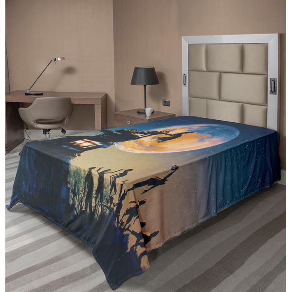 Abakuhaus Fantasy World Lenzuolo, Regina Morta Nel Castello Zombi Nel Cimitero Amore Scimmia Sposa Tema Halloween, Morbido E Confortevole Lenzuolo Superiore Per Un Letto Decorativo 1 Pezzo 190 Cm X 100 Cm, Blu Giallo-image