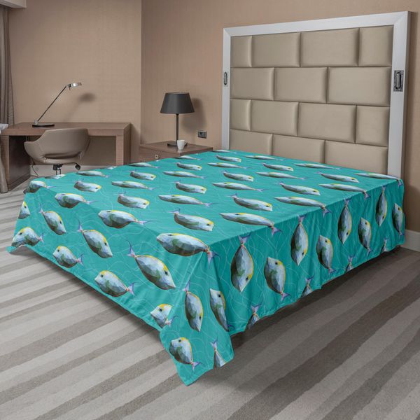 Abakuhaus Lenzuolo Teal, Digital Geometric Con Effetto Poligonale Unicornfish Numeri Marine Life Artsy Design, Lenzuolo Morbido E Confortevole Per Un Letto Decorativo 1 Pezzo 275 Cm X 260 Cm, Teal-image
