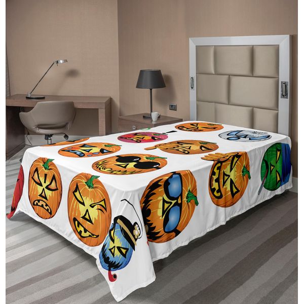 Abakuhaus Lenzuolo Di Halloween, Zucche Intagliate Con Facce Emoji Ispirate Ad Halloween, Umorismo Hipster, Mostri Artistici, Lenzuolo Morbido E Confortevole Per Un Letto Decorativo, 1 Pezzo, 190 Cm X 100 Cm, Arancione-image