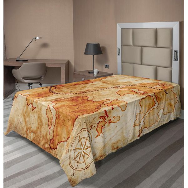 Abakuhaus Lenzuolo Con Mappa Dell'isola, Autentico Motivo Grunge Distressato Con Mappa Del Mondo, Rosa Dei Venti E Bussola, Immagine Di Mappa Del Tesoro, Lenzuolo Morbido E Confortevole Per Un Letto Decorativo, 1 Pezzo, 260 Cm X 168 Cm, Color Crema-image