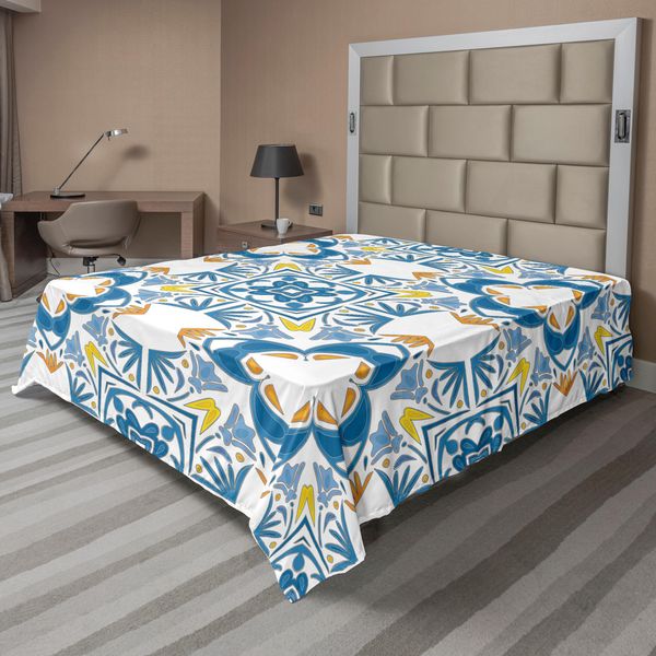 Abakuhaus Lenzuolo Etnico, Mosaico Tunisino Con Influenza Spagnola Azulojo Autentica Opera D'arte Ispirata All'arabesco Retrò, Lenzuolo Morbido E Confortevole Per Un Letto Decorativo 1 Pezzo 260 Cm X 228 Cm, Blu-image