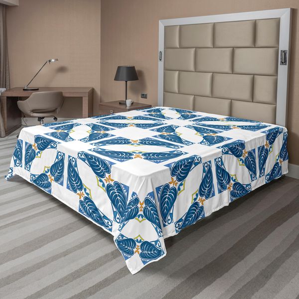 Abakuhaus Lenzuolo Blu E Bianco, Disegno Portoghese Azulejo Con Mosaico Di Quadrati E Forme Diagonali, Lenzuolo Morbido E Confortevole Per Un Letto Decorativo 1 Pezzo 275 Cm X 260 Cm, Blu Bianco-image