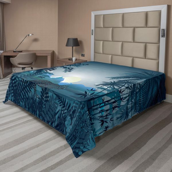 Abakuhaus Lenzuolo Urwald, Notte Nella Giungla Della Foresta Pluviale Con Grafica Selvaggia Con Tigre, Luna, Palme, Arbusti E Nebbia, Lenzuolo Superiore Morbido E Confortevole Per Un Letto Decorativo 1 Pezzo 275 Cm X 260 Cm, Verde Acqua-image