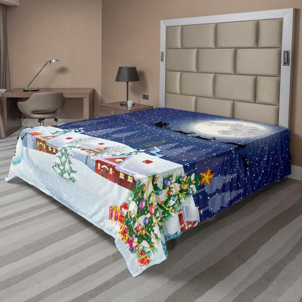 Abakuhaus Lenzuolo Natalizio, Stagione Invernale Pupazzo Di Neve Albero Di Natale Babbo Natale Regali Neve Stelle, Lenzuolo Morbido E Confortevole Per Un Letto Decorativo 1 Pezzo 260 Cm X 228 Cm, Bianco Blu-image