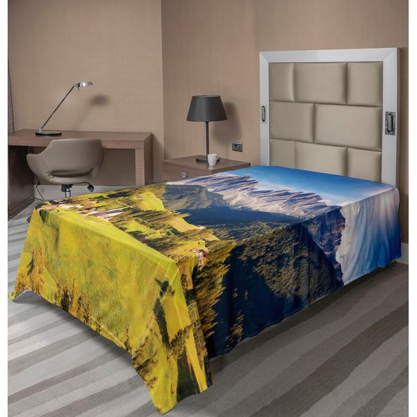 Abakuhaus Lenzuolo Da Letto, Vista Del Villaggio Con Cime Montuose E Prato Artwork Delle Alpi Nord Europee, Lenzuolo Morbido E Confortevole Per Un Letto Decorativo 1 Pezzo 260 Cm X 168 Cm, Grigio E Verde-image