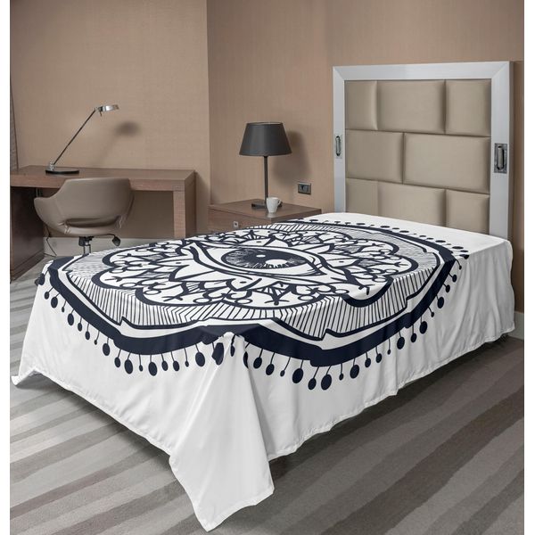 Abakuhaus Lenzuolo Occulto, Motivo Realistico Retrò Con Occhi In Stampa Rotonda In Stile Mandala Orientale Microcosmo, Lenzuolo Morbido E Confortevole Per Un Letto Decorativo 1 Pezzo 260 Cm X 168 Cm, Blu E Bianco-image