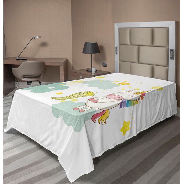 Abakuhaus Lenzuolo Unicorno, Sopra Le Nuvole Cattura Le Stelle Stampa Illustrazione In Stile Cartone Animato Per Bambini, Lenzuolo Morbido E Confortevole Per Un Letto Decorativo 1 Pezzo 190 Cm X 100 Cm, Verde Giallo-image