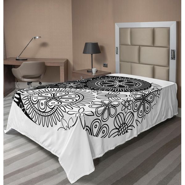 Abakuhaus Ying Yang Lenzuolo, Fiori E Petali Di Fiori Arte Yoga Tema Nella Cultura Orientale Fiori, Morbido E Confortevole Lenzuolo Superiore Per Un Letto Decorativo 1 Pezzo 260 Cm X 168 Cm, Bianco E Nero-image