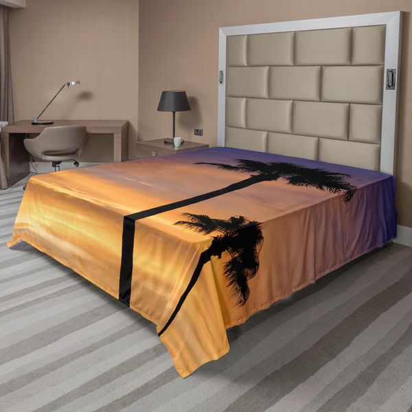 Abakuhaus Lenzuolo Con Palme, Palmtrees Tramonto Nell'ambiente Tropicale - Bellezza Naturale Al Tramonto - Stampa Scenica, Lenzuolo Morbido E Confortevole Per Un Letto Decorativo 1 Pezzo 266 Cm X 260 Cm, Giallo Nero-image