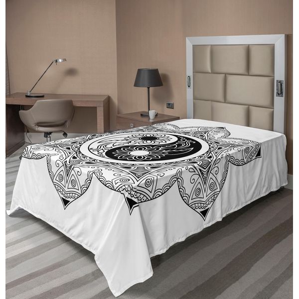 Abakuhaus Lenzuolo Ying Yang, Simbolo Boho Ying Yang In Un Fiore, Design Zen Hippie, Motivo Mandala Floreale, Lenzuolo Morbido E Confortevole Per Un Letto Decorativo, 1 Pezzo, 260 Cm X 168 Cm, Bianco E Nero-image