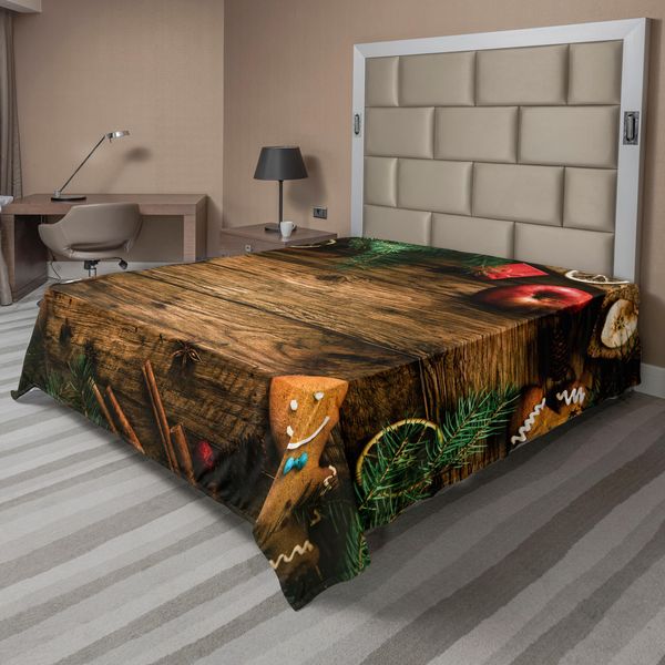 Abakuhaus Lenzuolo Natalizio, Scatola Regalo Con Omino Di Pan Di Zenzero, Legno Di Conifera, Pino, Cannella, Tema Rustico In Legno, Lenzuolo Morbido E Confortevole Per Un Letto Decorativo, 1 Pezzo, 266 Cm X 260 Cm, Marrone Verde-image