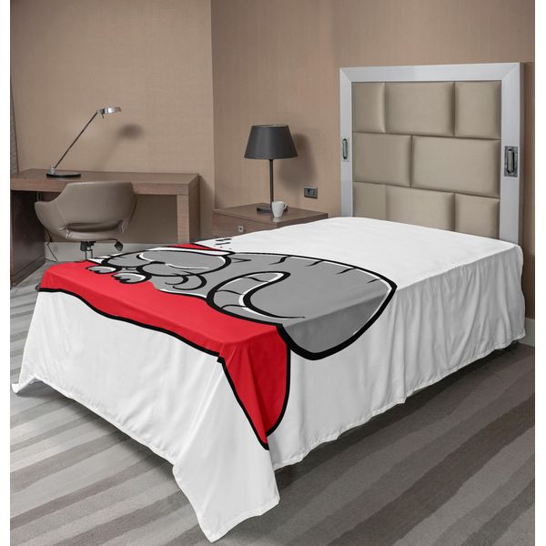 Abakuhaus Lenzuolo Natalizio, Gatto Con Cappello Di Babbo Natale E Baffi Sul Cuscino, Grafica Invernale Notturna, Lenzuolo Morbido E Confortevole Per Un Letto Decorativo, 1 Pezzo, 190 Cm X 100 Cm, Bianco, Rosso, Grigio-image