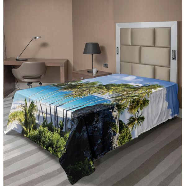 Abakuhaus Lenzuolo Da Viaggio, Stampa Con Isola Caraibica Con Palme E Oceano, Destinazione Esotica, Lenzuolo Morbido E Confortevole Per Un Letto Decorativo, 1 Pezzo, 190 Cm X 100 Cm, Blu Crema-image