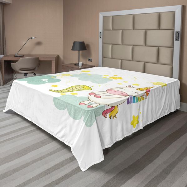 Abakuhaus Lenzuolo Unicorno, Sopra Le Nuvole Cattura Le Stelle Stampa Illustrazione In Stile Cartone Animato Per Bambini, Lenzuolo Morbido E Confortevole Per Un Letto Decorativo 1 Pezzo 266 Cm X 260 Cm, Verde Giallo-image
