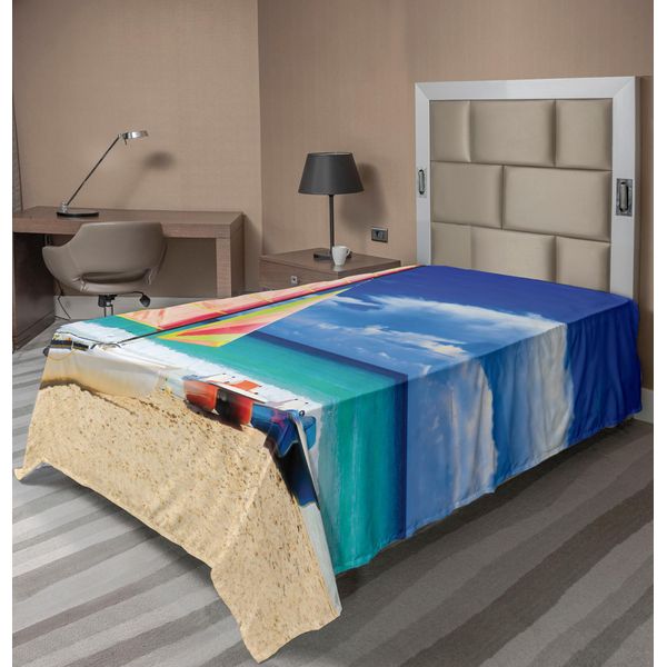Abakuhaus Lenzuolo Da Letto, Spiaggia Cubana Esotica Con Barca A Vela E Onde, Immagine Tropicale Estiva Della Costa, Lenzuolo Morbido E Confortevole Per Un Letto Decorativo, 1 Pezzo, 260 Cm X 168 Cm, Blu Crema-image