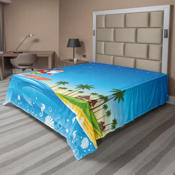 Abakuhaus Lenzuolo Natalizio, Babbo Natale Che Surfa Su Un'onda Con Un Sacco In Un Cartone Animato Tropicale Fantastico Di Una Notte Tropicale Sulla Spiaggia, Lenzuolo Morbido E Confortevole Per Un Letto Decorativo 1 Pezzo 275 Cm X 260 Cm, Multicolore-image