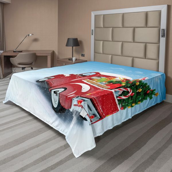Abakuhaus Lenzuolo Natalizio, Furgoncino Rosso Classico Con Regali E Decorazioni Natalizie Immagine Invernale Innevata, Lenzuolo Morbido E Confortevole Per Un Letto Decorativo 1 Pezzo 275 Cm X 260 Cm, Blu Rosso-image