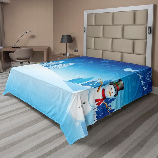 Abakuhaus Lenzuolo Natalizio, "Pupazzo Di Neve La Vigilia Di Natale, Slitta Di Babbo Natale Nel Cielo Stellato, Fantasia Artistica"", Lenzuolo Morbido E Confortevole Per Un Letto Decorativo, 1 Pezzo, 260 Cm X 228 Cm, Blu E Bianco"-image