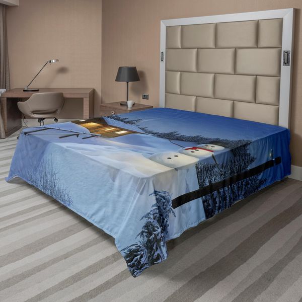 Abakuhaus Lenzuolo Natalizio, Decorazione Natalizia In Stile Rustico Con Pupazzo Di Neve Con Sciarpa E Berretto Stampati, Morbido E Confortevole Lenzuolo Superiore Per Un Letto Decorativo 1 Pezzo 260 Cm X 228 Cm, Blu E Bianco-image