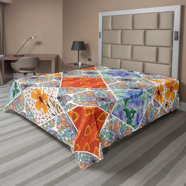 Abakuhaus Lenzuolo Singolo, Patchwork Con Cuori E Motivi Floreali Vorticosi Con Dettagli Folcloristici Femminili, Lenzuolo Superiore Morbido E Confortevole Per Un Letto Decorativo 1 Pezzo 260 Cm X 228 Cm, Multicolore-image