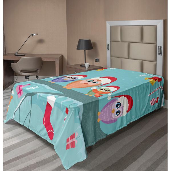 Abakuhaus Lenzuolo Natalizio, Simpatica Famiglia Di Gufi Seduti Su Un Ramo Come Piccoli Elfi Noel Animal Design, Morbido E Confortevole Lenzuolo Superiore Per Un Letto Decorativo 1 Pezzo 260 Cm X 168 Cm, Multicolore-image