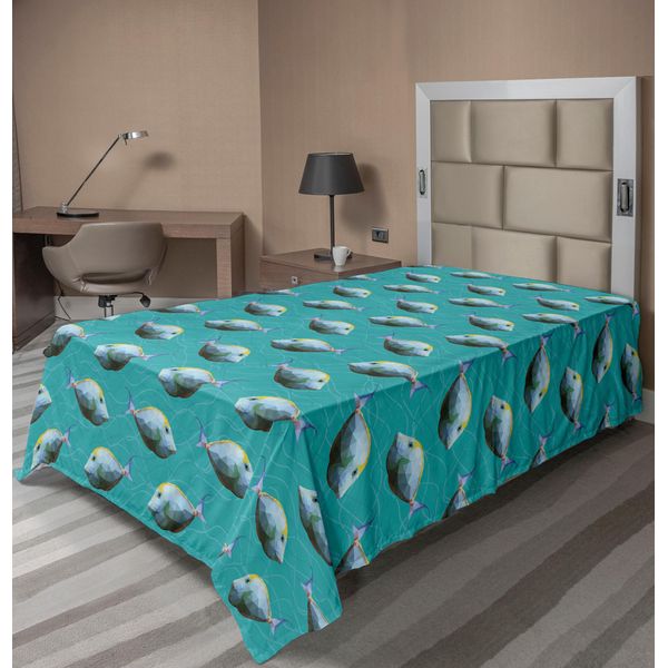 Abakuhaus Lenzuolo Teal, Digital Geometric Con Effetto Poligonale Unicornfish Numeri Marine Life Artsy Design, Lenzuolo Morbido E Confortevole Per Un Letto Decorativo 1 Pezzo 260 Cm X 168 Cm, Teal-image