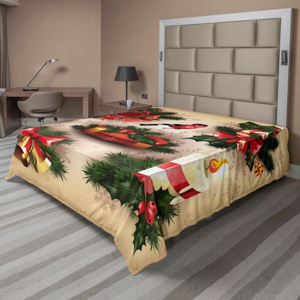 Abakuhaus Lenzuolo Natalizio, Stile Vintage, Candela Religiosa Classica, Vischio, Nastro, Uccellino, Stampa Artistica, Morbido E Confortevole, Lenzuolo Superiore Per Un Letto Decorativo, 1 Pezzo, 275 Cm X 260 Cm, Multicolore-image