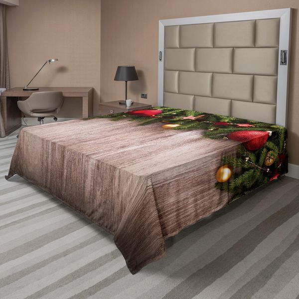 Abakuhaus Lenzuolo Natalizio, Decorazioni Natalizie Su Sfondo Rustico In Legno Con Stampa A Stelle, Lenzuolo Morbido E Confortevole Per Un Letto Decorativo 1 Pezzo 266 Cm X 260 Cm, Marrone Verde Rosso-image