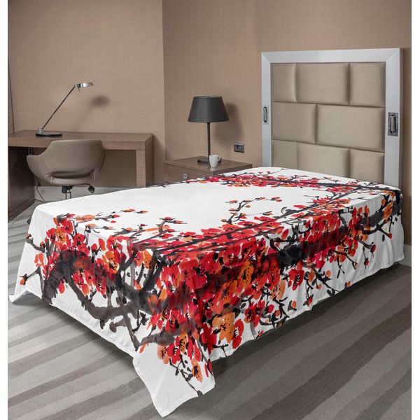 Abakuhaus Lenzuolo Giapponese, Rami Di Ciliegio Giapponese, Acquerello, Illustrazione, Quadro, Lenzuolo Morbido E Confortevole Per Un Letto Decorativo, 1 Pezzo, 190 Cm X 100 Cm, Marrone E Rosso-image