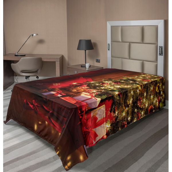 Abakuhaus Lenzuolo Natalizio, Scene Natalizie Con Albero E Regali Attraverso Il Camino Artful Design Image, Morbido E Confortevole Lenzuolo Superiore Per Un Letto Decorativo 1 Pezzo 190 Cm X 100 Cm, Giallo Rosso-image