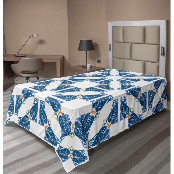 Abakuhaus Lenzuolo Blu E Bianco, Disegno Portoghese Azulejo Con Mosaico Di Quadrati E Forme Diagonali, Lenzuolo Morbido E Confortevole Per Un Letto Decorativo 1 Pezzo 190 Cm X 100 Cm, Blu Bianco-image