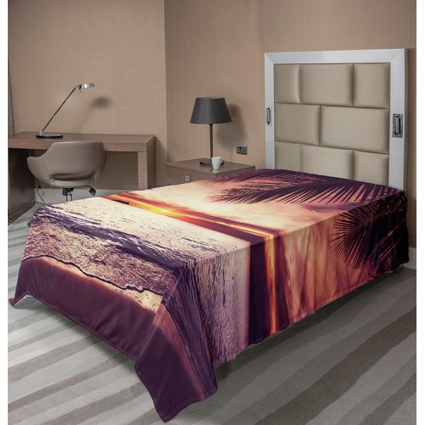 Abakuhaus Lenzuolo Con Palme, Spiaggia Tropicale All'ombra Al Tramonto, Onde Dell'oceano, Tranquillità Paradisiaca Nella Natura, Lenzuolo Morbido E Confortevole Per Un Letto Decorativo, 1 Pezzo, 260 Cm X 168 Cm, Giallo-image