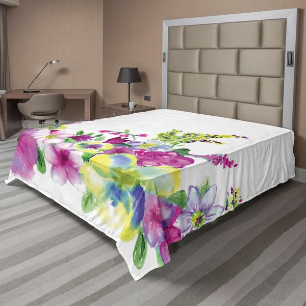 Abakuhaus Lenzuolo Con Fiori Acquerellati, Composizione Hybrid Garden Floret Con Erica E Fiori Artistica, Morbido E Confortevole Lenzuolo Superiore Per Un Letto Decorativo 1 Pezzo 275 Cm X 260 Cm, Verde Rosa-image