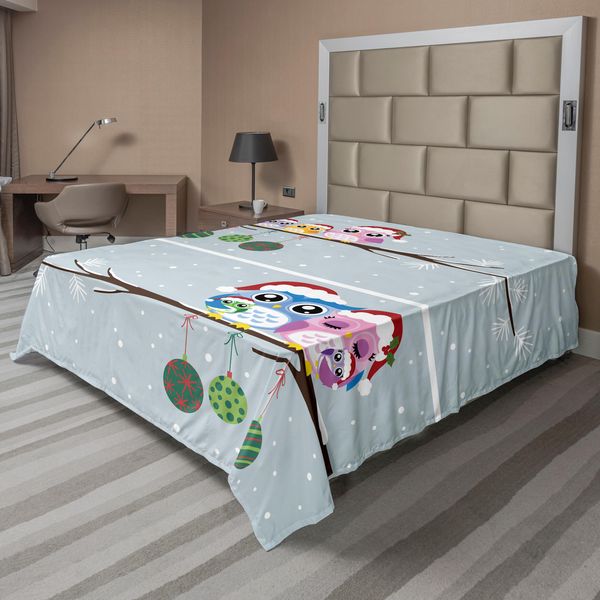 Abakuhaus Lenzuolo Natalizio, Famiglia Di Gufi Su Un Ramo Di Albero - Holly Jolly Season New Year Winter Night, Morbido E Confortevole Lenzuolo Superiore Per Un Letto Decorativo 1 Pezzo 266 Cm X 260 Cm, Multicolore-image