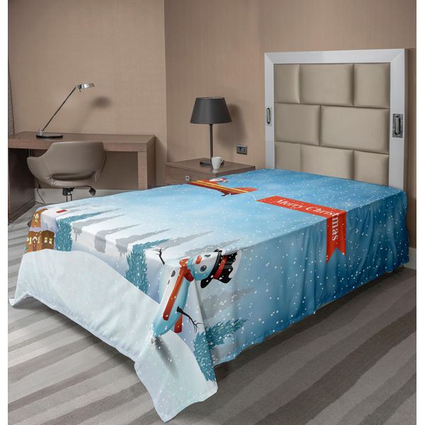 Abakuhaus Lenzuolo Natalizio, Bosco Di Pupazzi Di Neve Buon Natale Aereo, Morbido E Confortevole Lenzuolo Superiore Per Un Letto Decorativo 1 Pezzo 190 Cm X 100 Cm, Arancione Blu-image