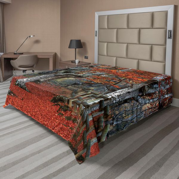 Abakuhaus Lenzuolo Stagionale, Bosco Di Faggi Da Sogno Con Foglie Autunnali, Tema Madre Terra Meraviglie Naturali, Lenzuolo Morbido E Confortevole Per Un Letto Decorativo, 1 Pezzo, 275 Cm X 260 Cm, Grigio Rosso-image