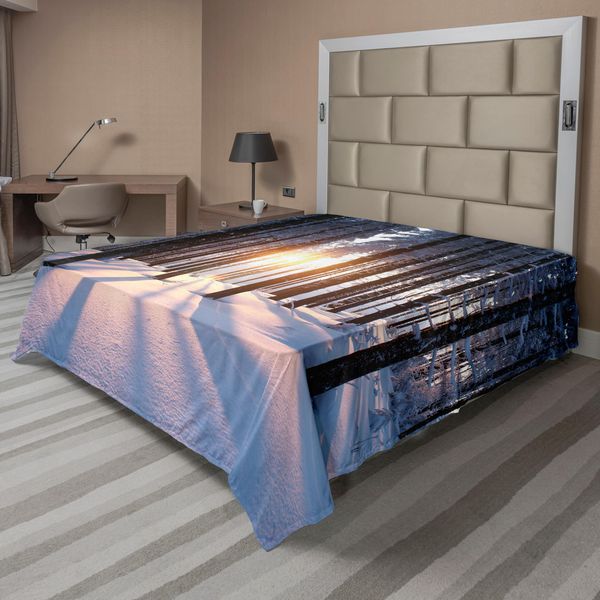 Abakuhaus Lenzuolo Invernale, Mistico Tramonto Nella Foresta Con Idilliaco Paesaggio Naturale Ghiacciato, Morbido E Confortevole Lenzuolo Superiore Per Un Letto Decorativo 1 Pezzo 266 Cm X 260 Cm, Marrone Bianco-image