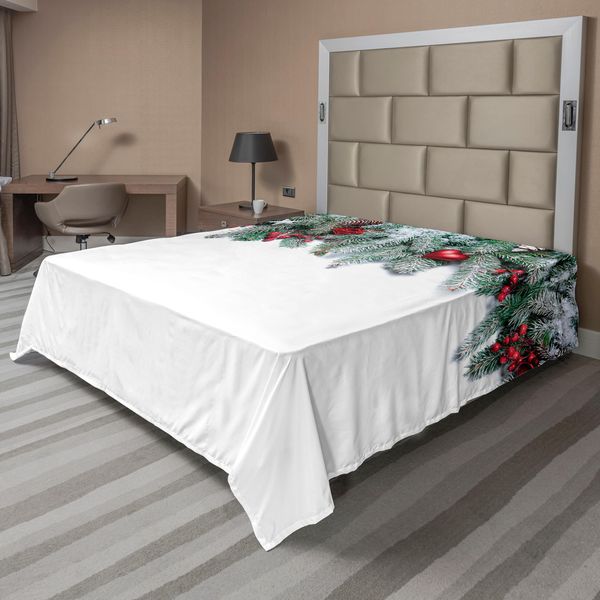 Abakuhaus Lenzuolo Natalizio, Ramo Natalizio Innevato Con Palline Trasparenti, Pigne E Rami Di Vischio, Morbido E Confortevole Lenzuolo Superiore Per Un Letto Decorativo, 1 Pezzo, 275 Cm X 260 Cm, Verde E Rosso.-image