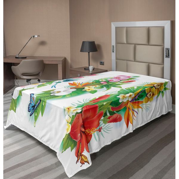 Abakuhaus Lenzuolo Con Fiori Acquerellati, Bouquet Natalizio Tropicale, Fiori Di Ibisco Tropicale, Foglie E Farfalle, Lenzuolo Morbido E Confortevole Per Un Letto Decorativo, 1 Pezzo, 260 Cm X 168 Cm, Multicolore-image