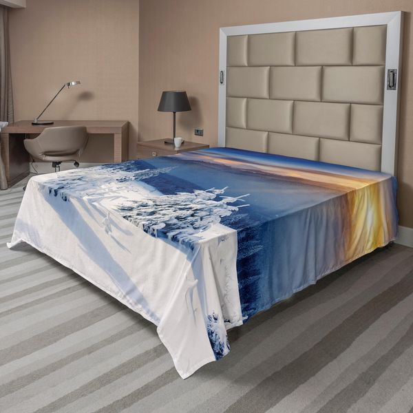 Abakuhaus Lenzuolo Invernale, Fantastica Scomparsa Dell'alba Tra Le Cime Delle Montagne, Cielo Alpino Drammatico, Morbido E Confortevole Lenzuolo Superiore Per Un Letto Decorativo 1 Pezzo 275 Cm X 260 Cm, Bianco Blu Albicocca-image